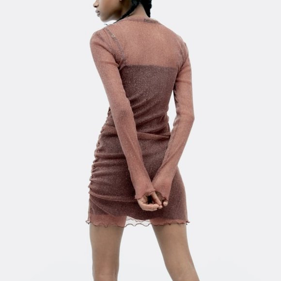 NWT PINK BROWN CONTRASTING SPARKLY MESH DRESS. - Picture 3 of 9